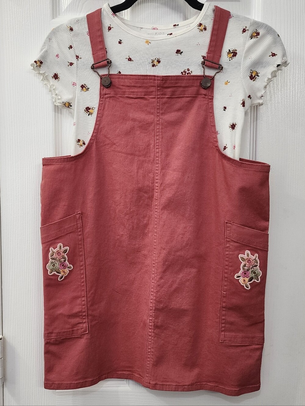 Girls' Rose Pink Pinafore Dress with Floral Patch & Match Shirt Size: 8